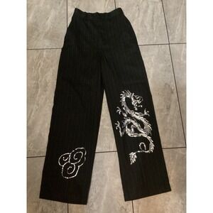 Urban Outfitters Black Pinstripe Dragon Sequin Wide Leg Pants Size S